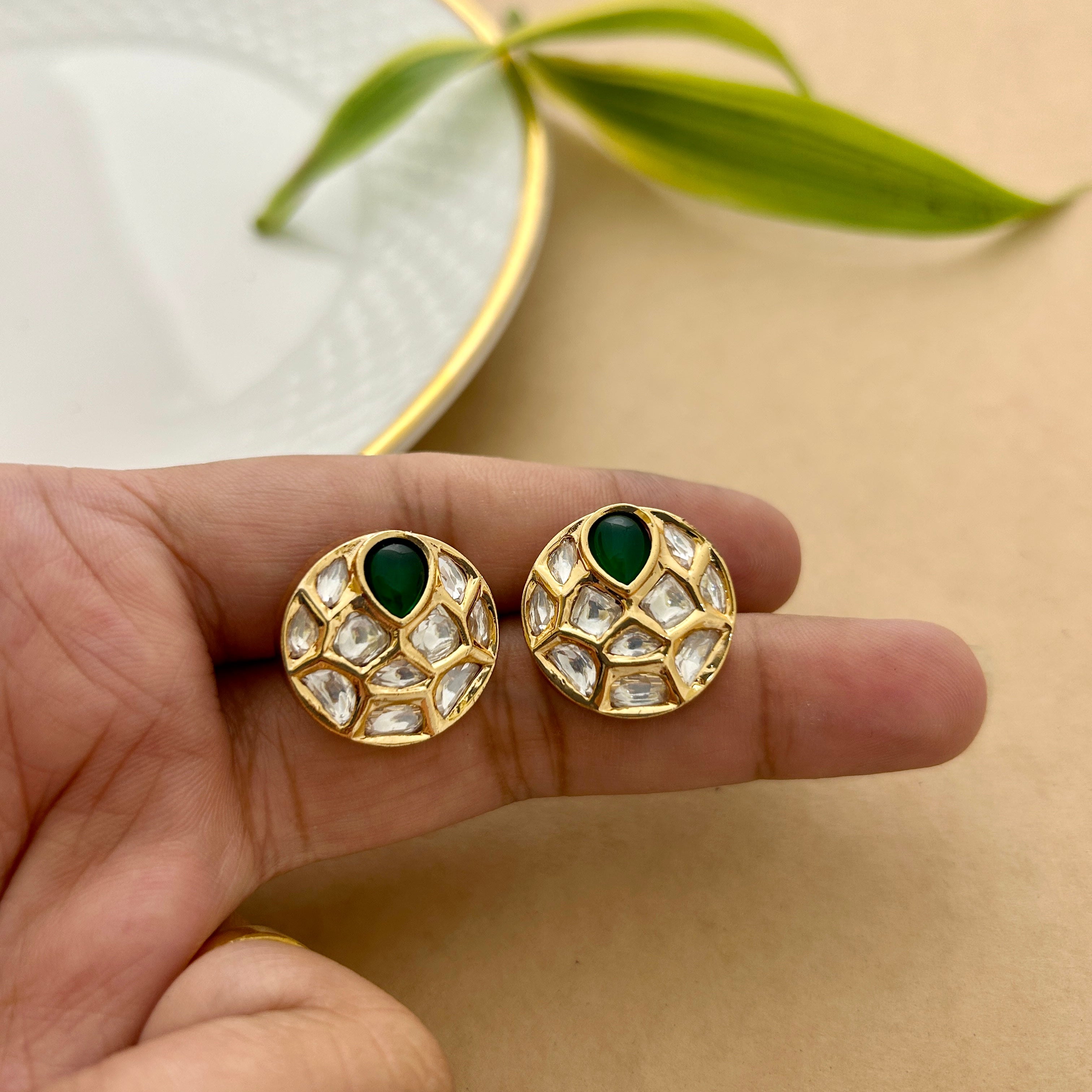 Classic Polki Stud Earrings (Green)