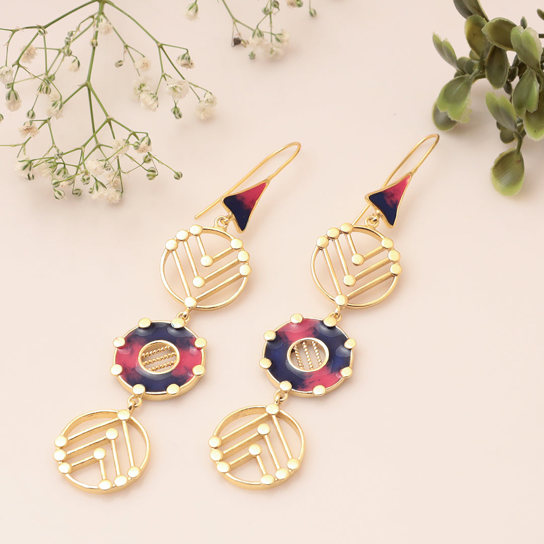 Hypnotic Trinity --Magenta and Dark Blue Long Earrings