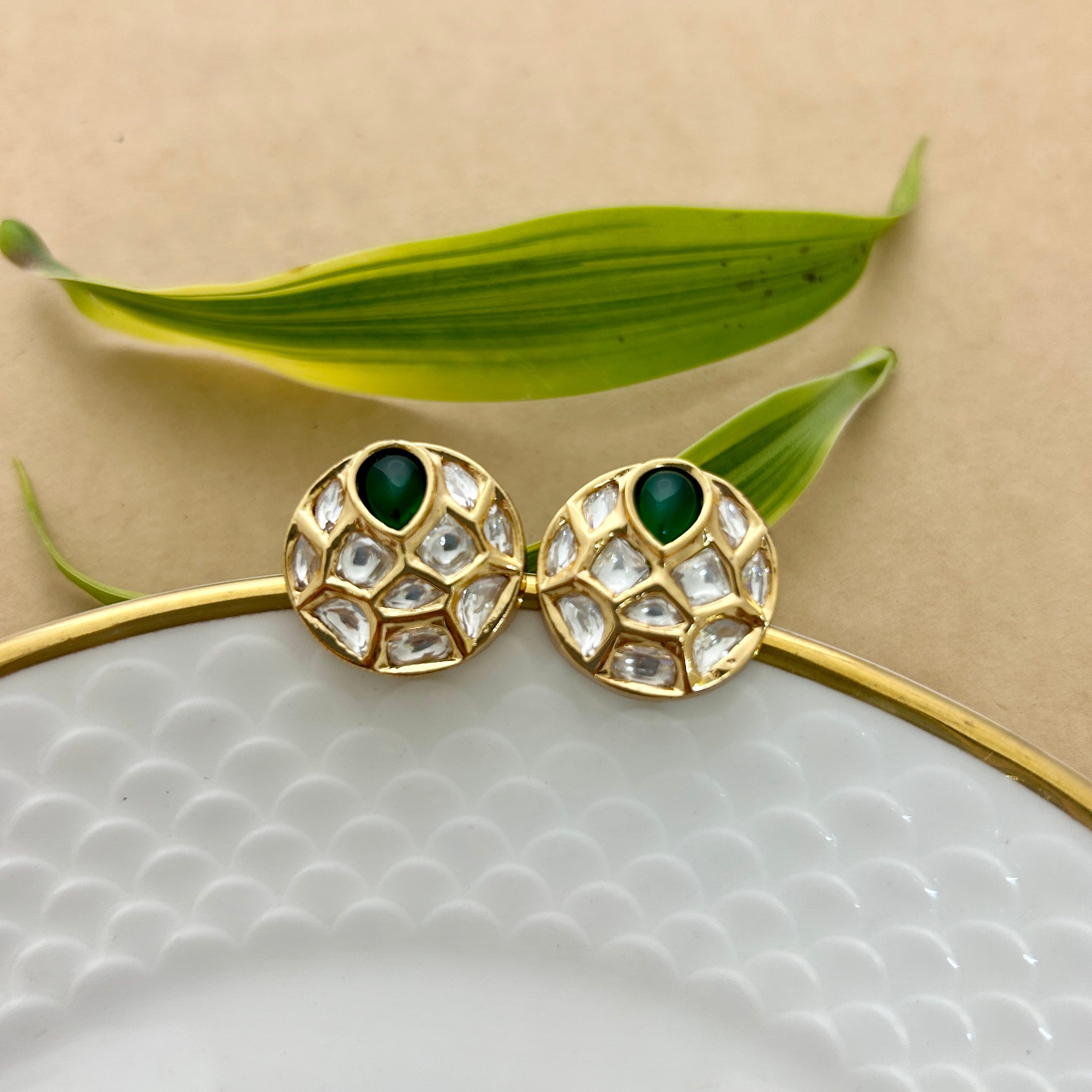 Classic Polki Stud Earrings (Green)