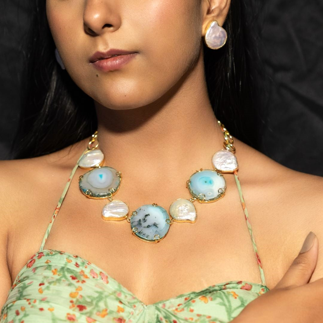 Chalcedony And Baroque Pearl Statement  Neckpiece