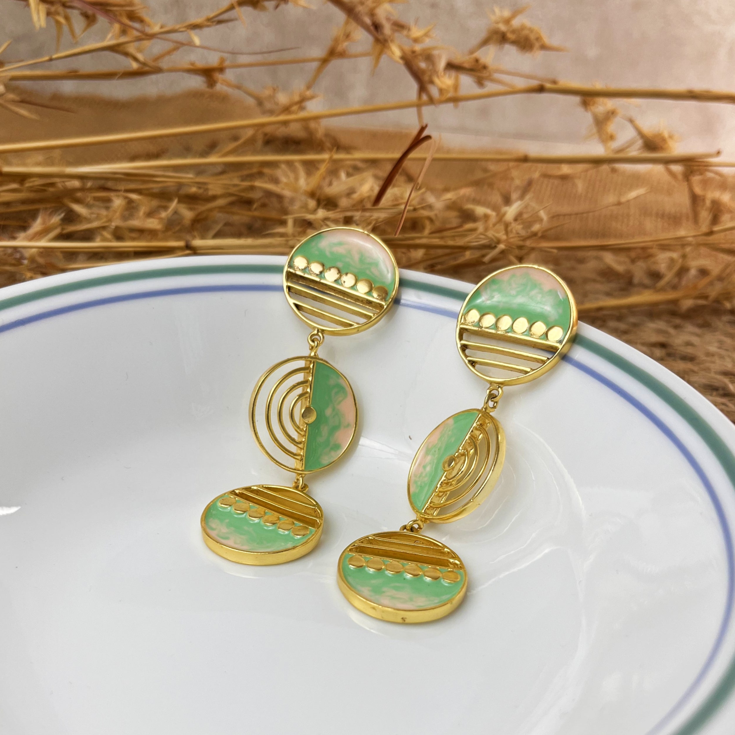 The Three Moons -- Mint Green & Peach Long Earrings