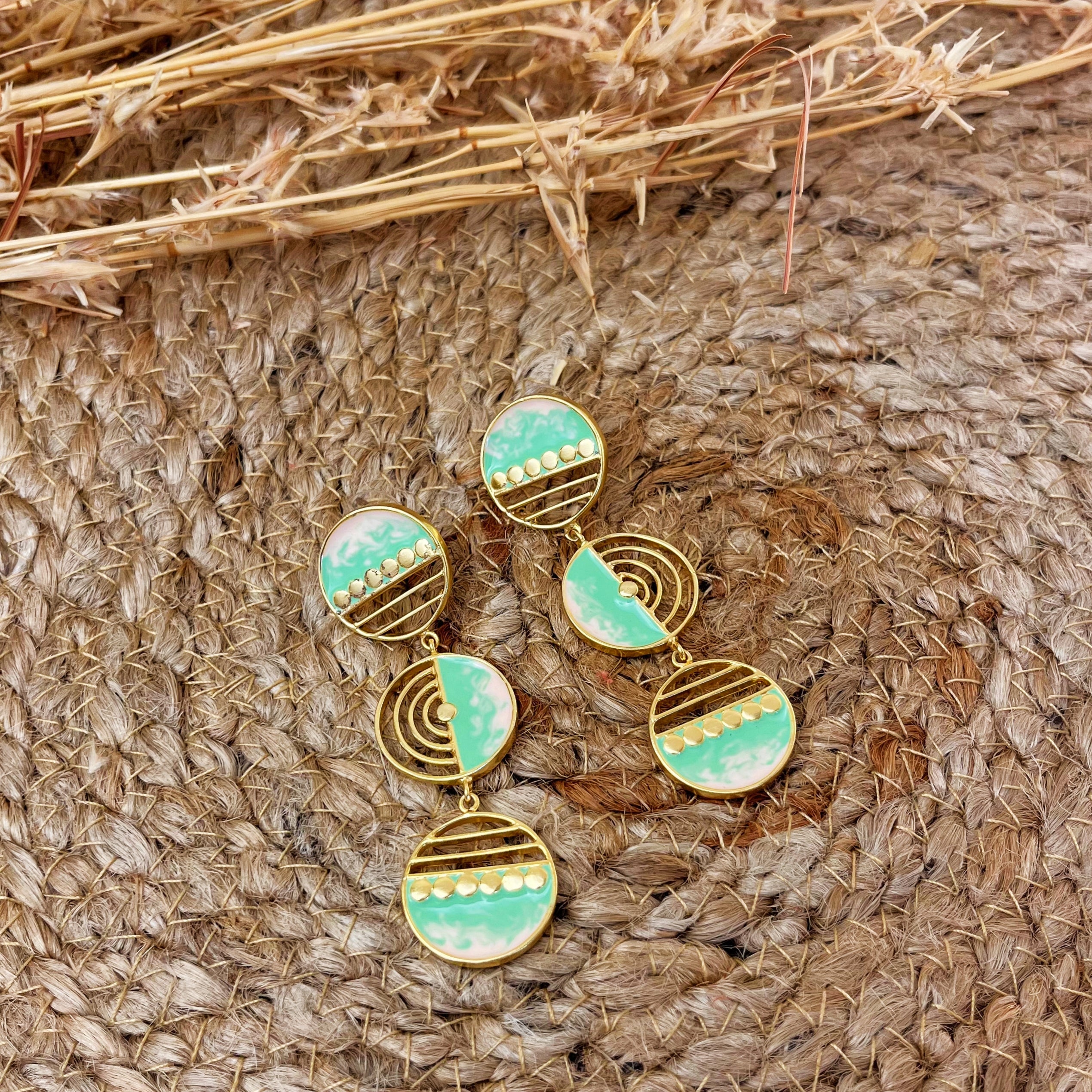 The Three Moons -- Mint Green & Peach Long Earrings